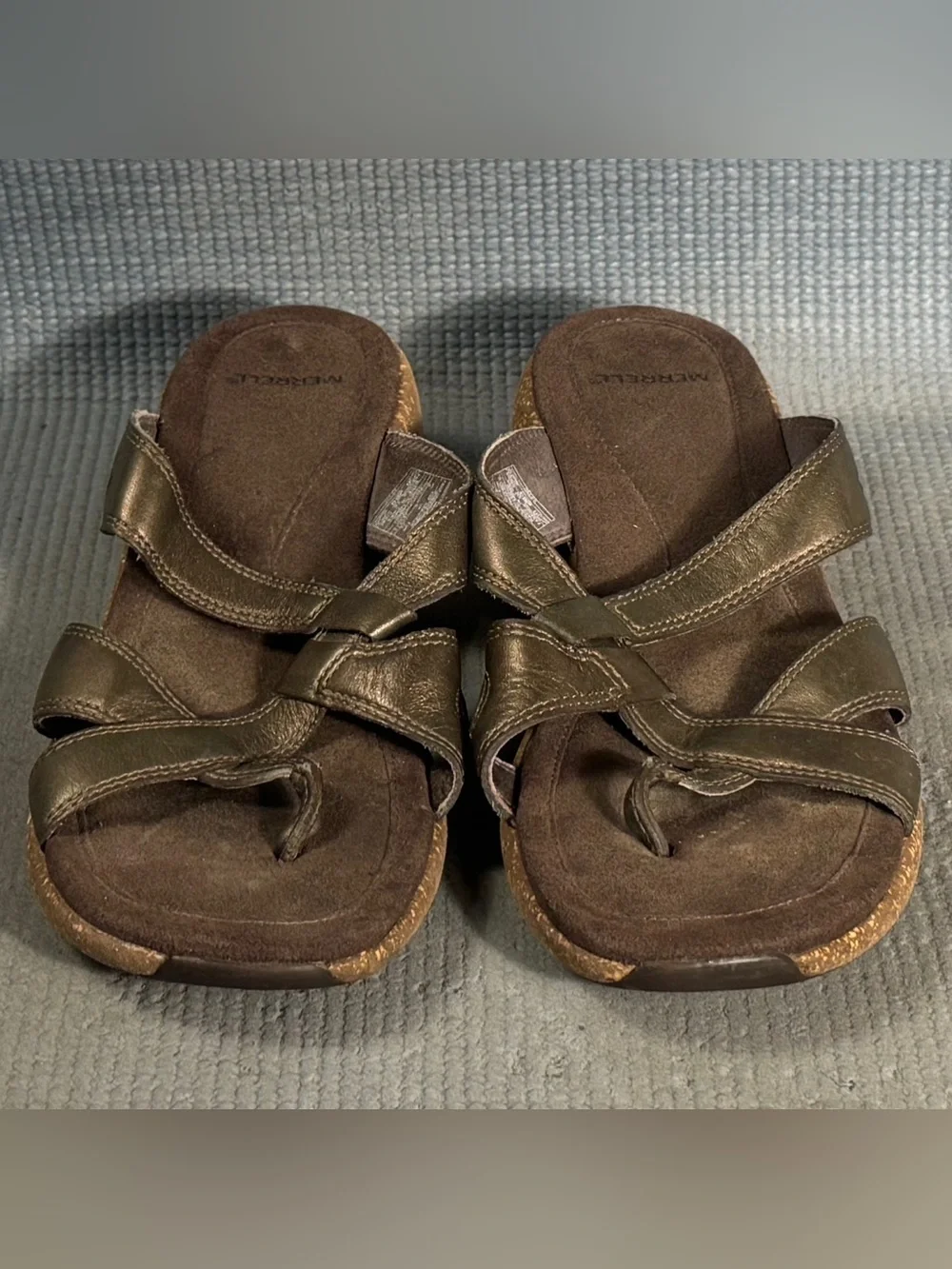 Merrell Sundial Antique Brass Leather‎ Comfort Cork Thong Sandals Women’s Size 8